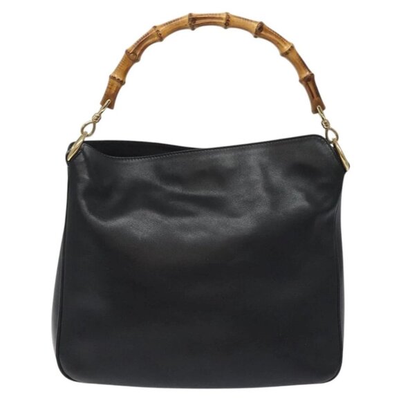 GUCCI Bamboo Hand Bag Leather 2way Black Gold - Picture 3 of 15